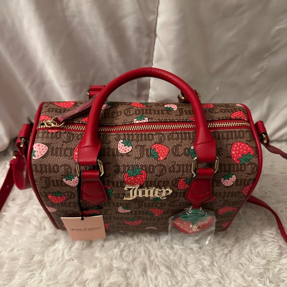 Juicy Couture Red and Brown Satchel with Strawberry Print